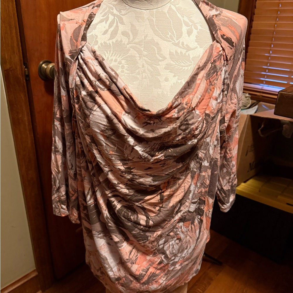 Ruby Rd. Pink and Brown Ruched 3/4 Sleeve Blouse